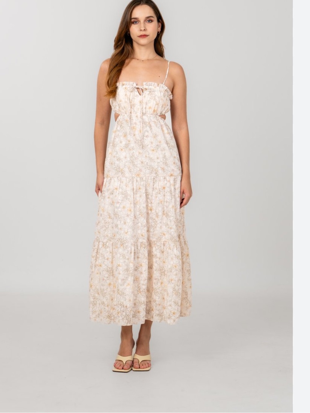 Boutique 🤍🩶 Floral Tiered Maxi Dress in Cream neutral brown grey NWOT